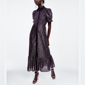 NWT Zara metallic pink and black zigzag button-down maxi dress XS